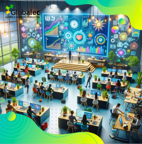 Aula de E-Learnig futurista con el logo de Globalec