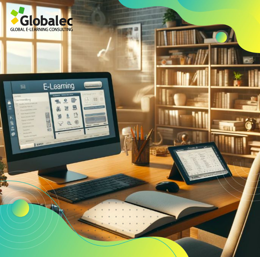 Computadora corriendo un programa de e-learning, mostrando ademas el logo de Globalec.
