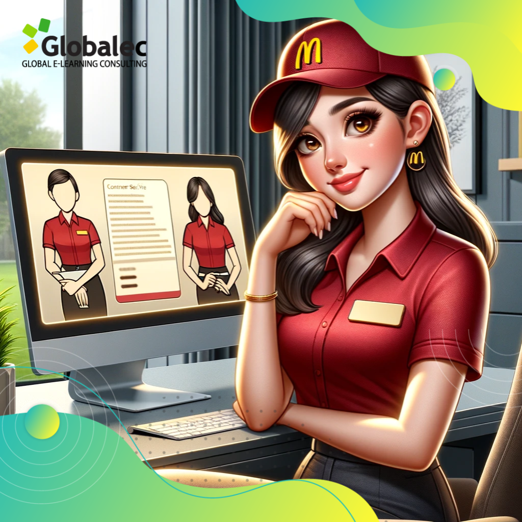 Empleada de McDonalds haciendo un curso e-learning en su computadora.
